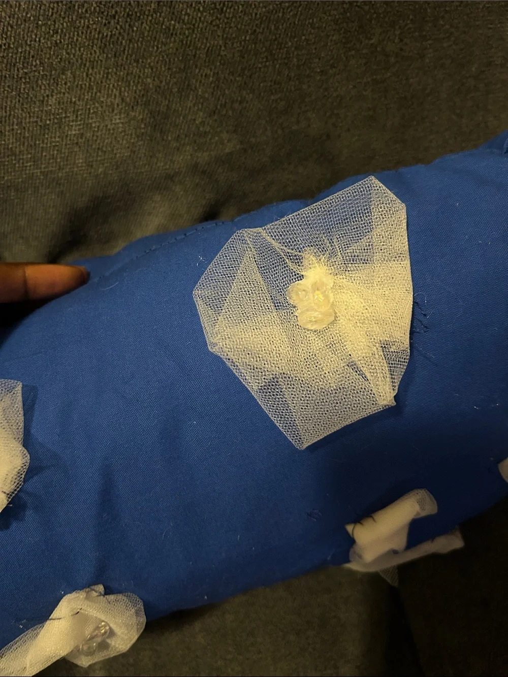 Royal Blue Lumbar Pillow with White Floral Appliqués